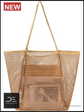 Mesh Beach Bag Woven Straw Tote Waterproof with Inner Pocket Packable
